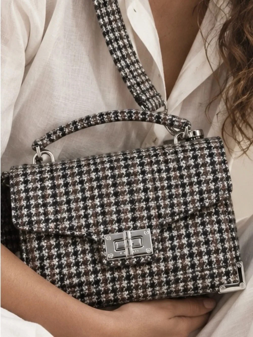 THE KOOPLES NWT Small Houndstooth Emily Shoulder Bag Silver Hardware  MSRP $495